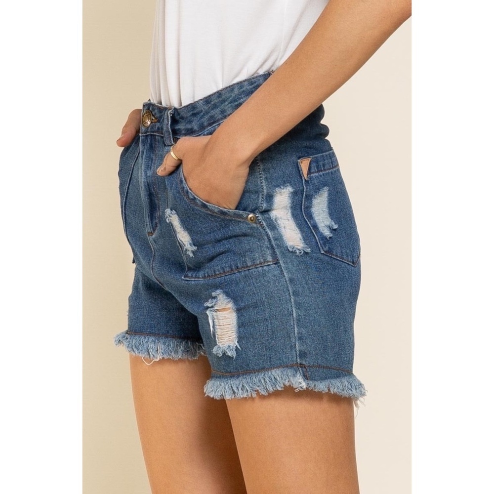 POL Dark Wash Distressed Denim Shorts - Picture 4 of 8